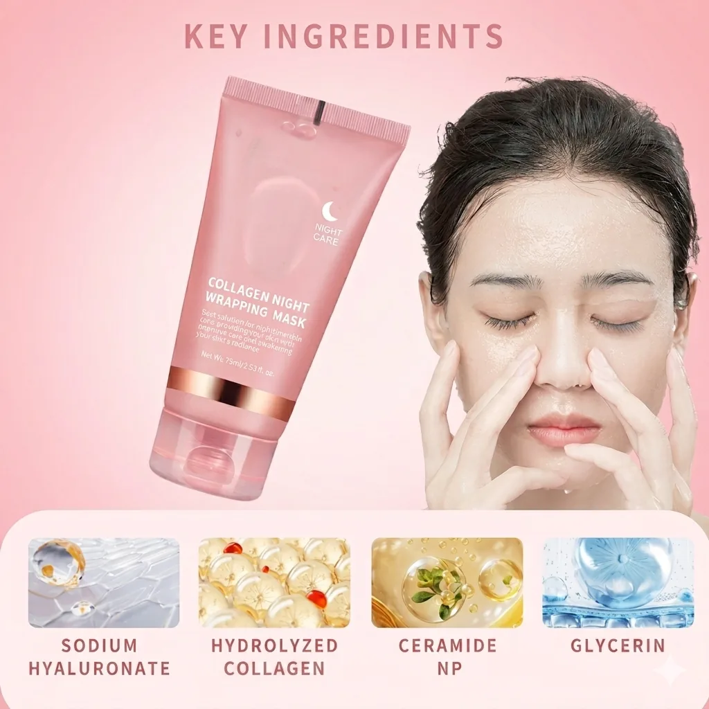 Key ingredients including hyaluronic acid, collagen, ceramide and glycerin